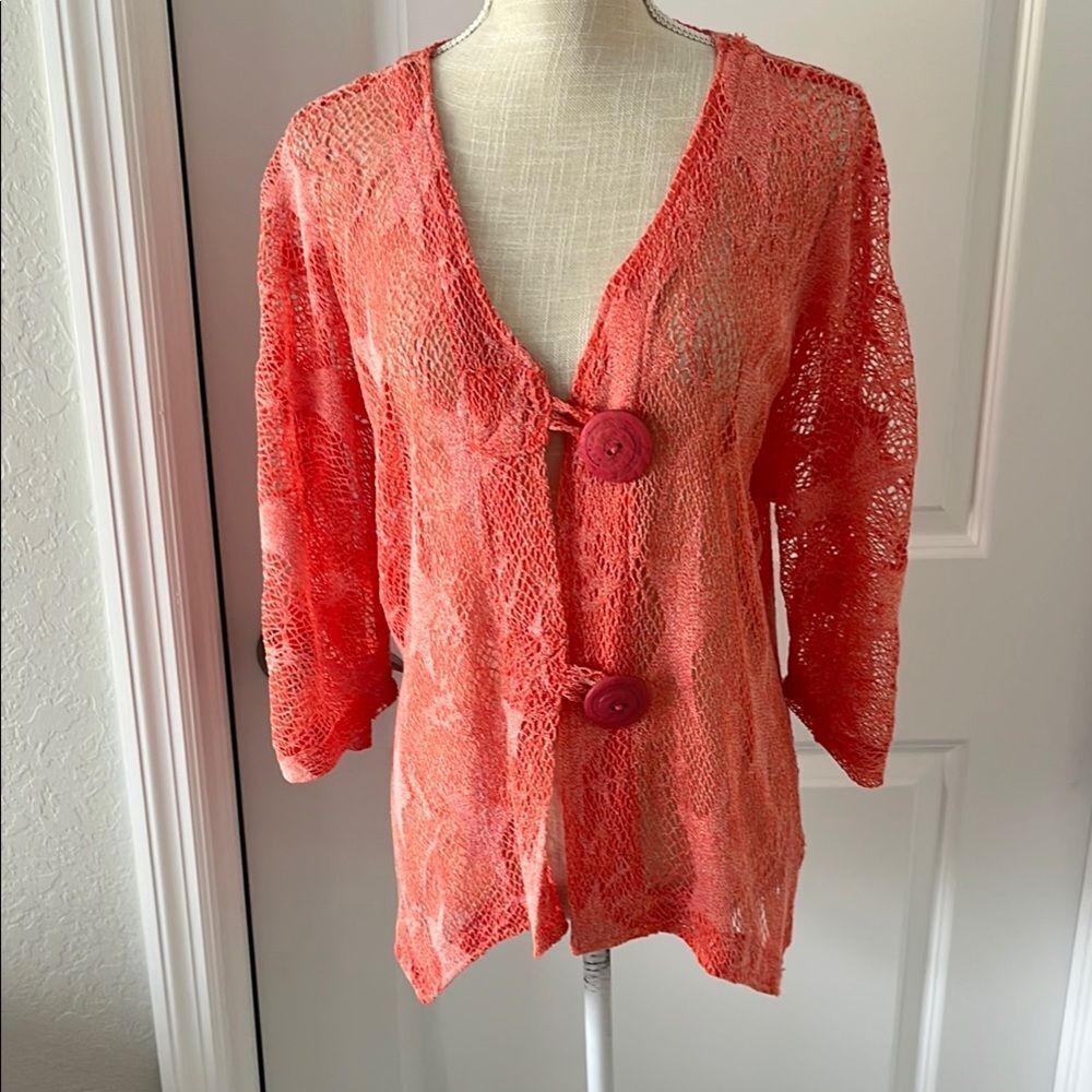 Lulu-B Palm Beach Coral Crochet Starfish Cardigan with Bold Button Details SZ M